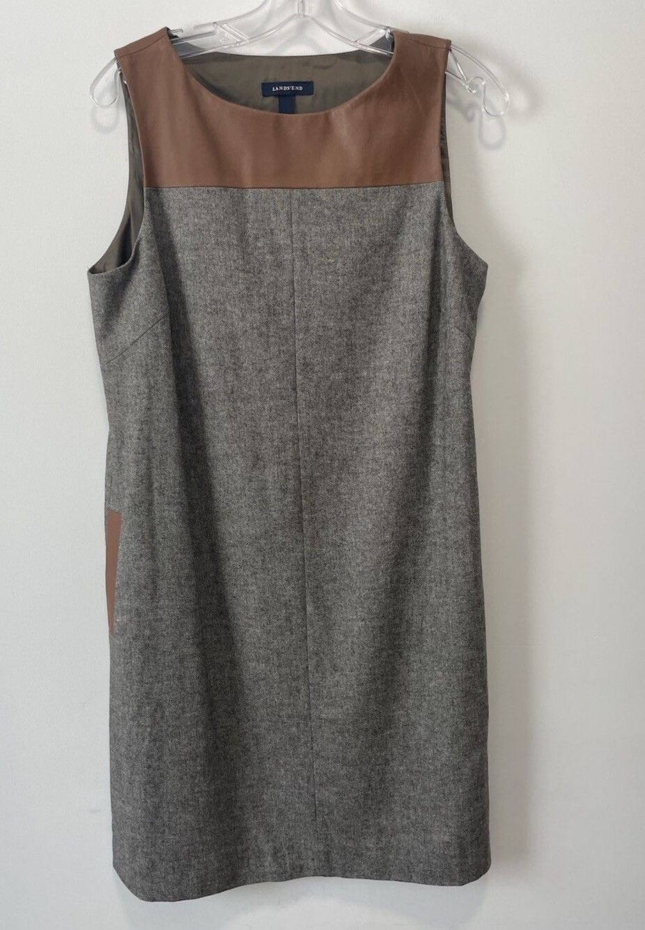 LANDS' END 10 Wool Leather Jumper Sleeveless Shift Dress Brown Tweed Academia